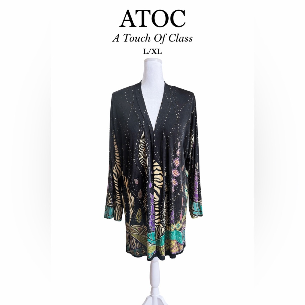 ATOC Open Front Cardigan L/XL Made USA Zebra Tribal Boho Duster Jacket